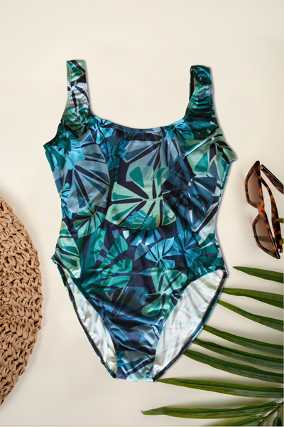Cooltan Tan Though blue green foliage swimsuit 