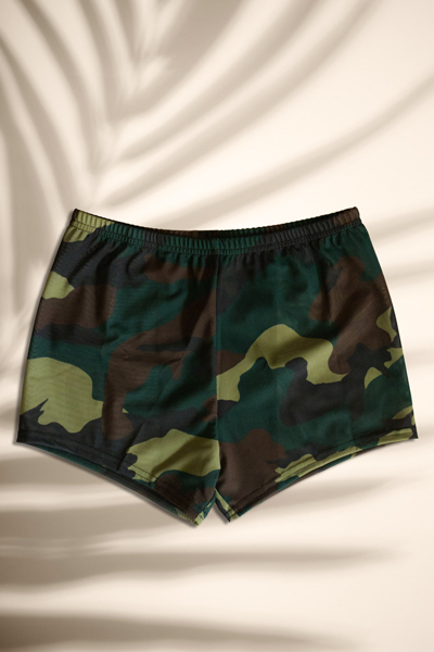 Tan Though green camo swim hipster shorts
